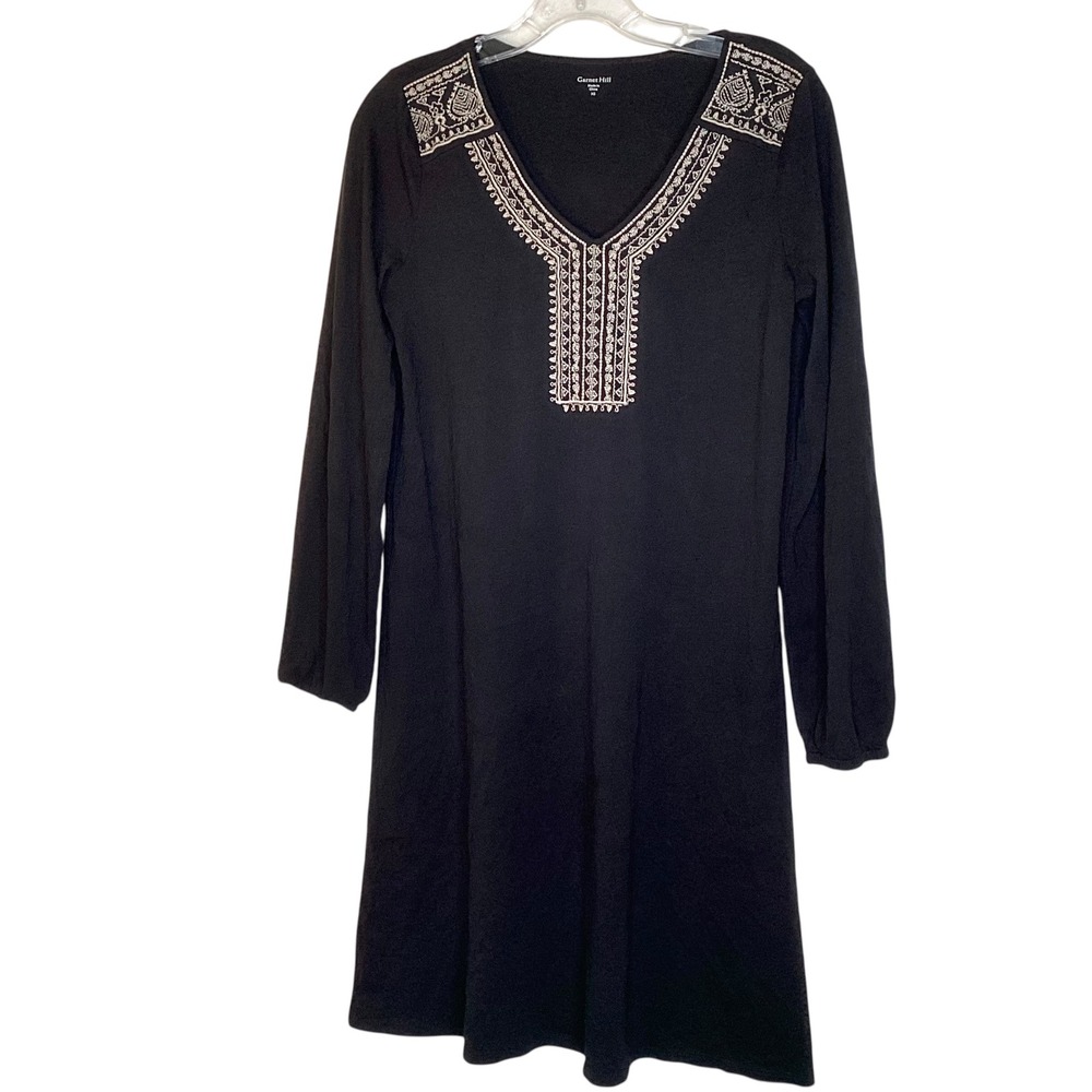 Garnet Hill Womens Black Organic Cotton Tencel‎ Embroidered V-Neck Dress XS EUC